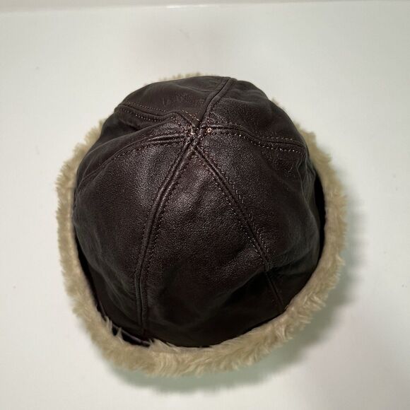 Sherpa Fleece Lined Skull Cap Faux Leather Hat Hood Cap Cream / Brown Sz Small - Picture 3 of 4